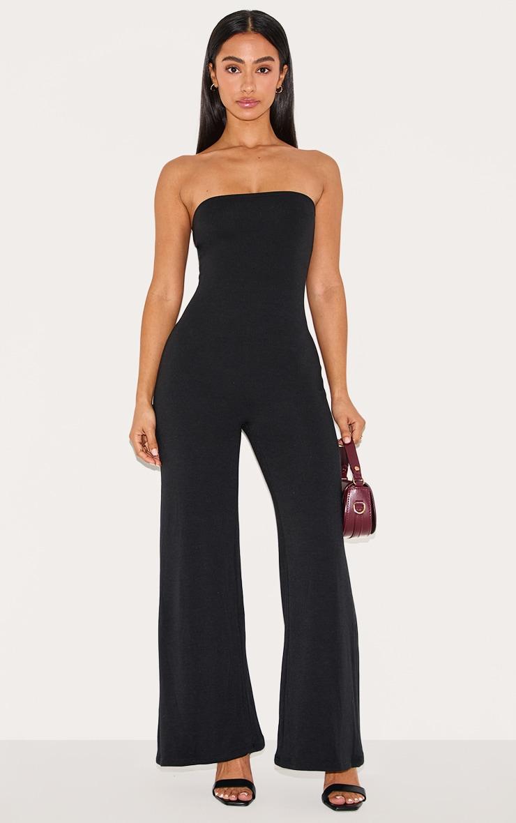 Petite Black Double Layer Jersey Bandeau Wide Leg Jumpsuit Product Image