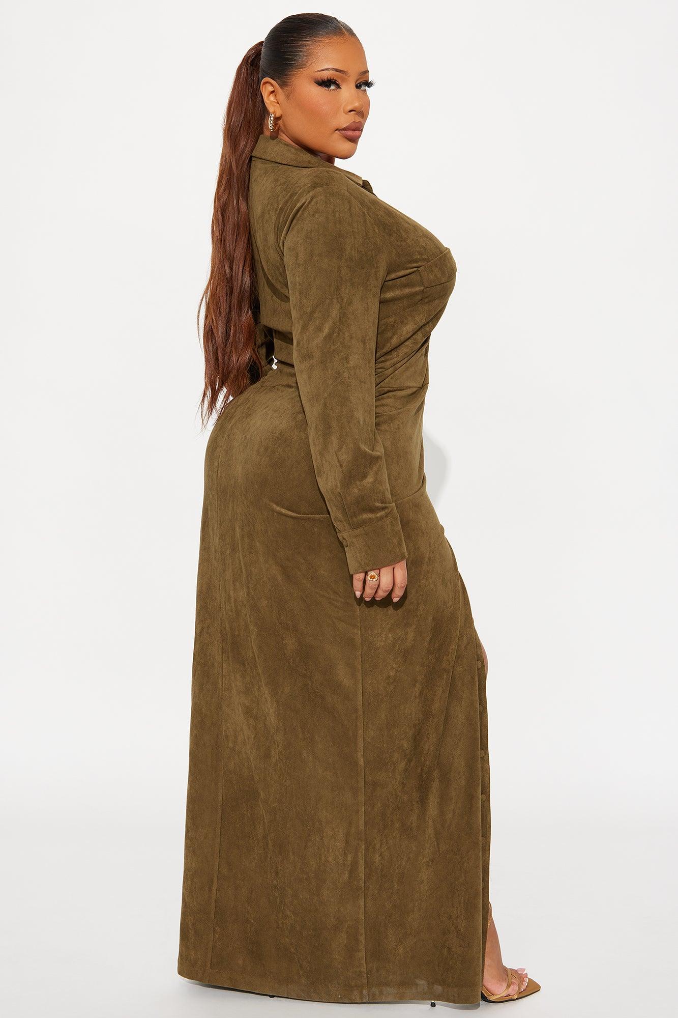 Noelle Suede Maxi Shirt Dress - Olive Female Product Image