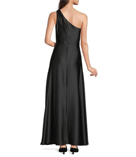 Alex Marie Camila Stretch Satin Asymmetrical One Shoulder Metal Loop Strap A-Line Maxi Dress Product Image