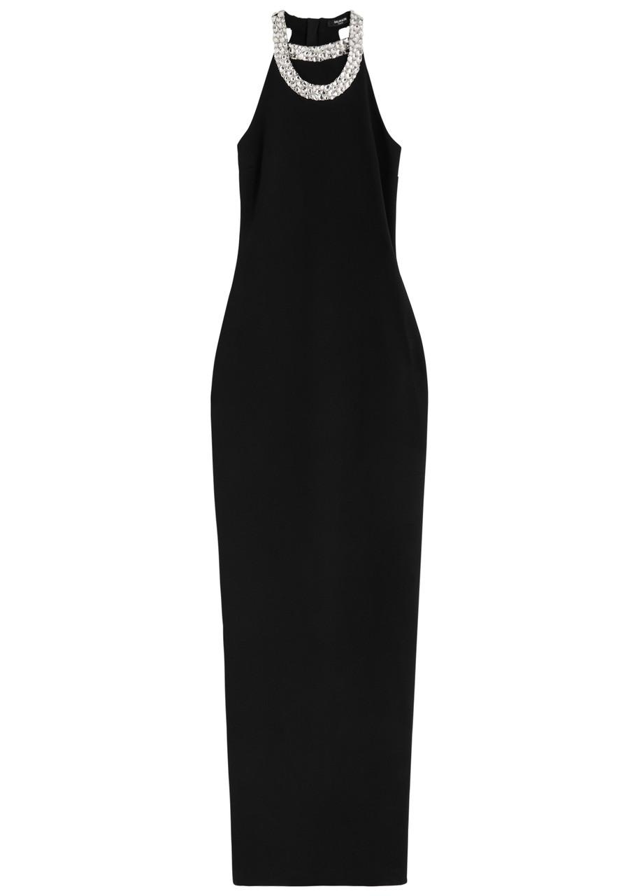 BALMAIN Faux Pearl-embellished Halterneck Velvet Gown In Black Product Image