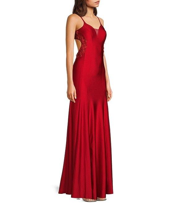 Dear Moon V-Neck Spaghetti Strap Embellished Double Princess Seam Cut Out Back Gown Product Image