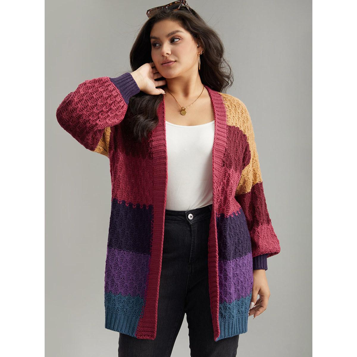Plus Size Rainbow Colorblock Lantern Sleeve Cardigan Multicolor Women Casual Loose Long Sleeve Dailywear Cardigans BloomChic 10/M Product Image