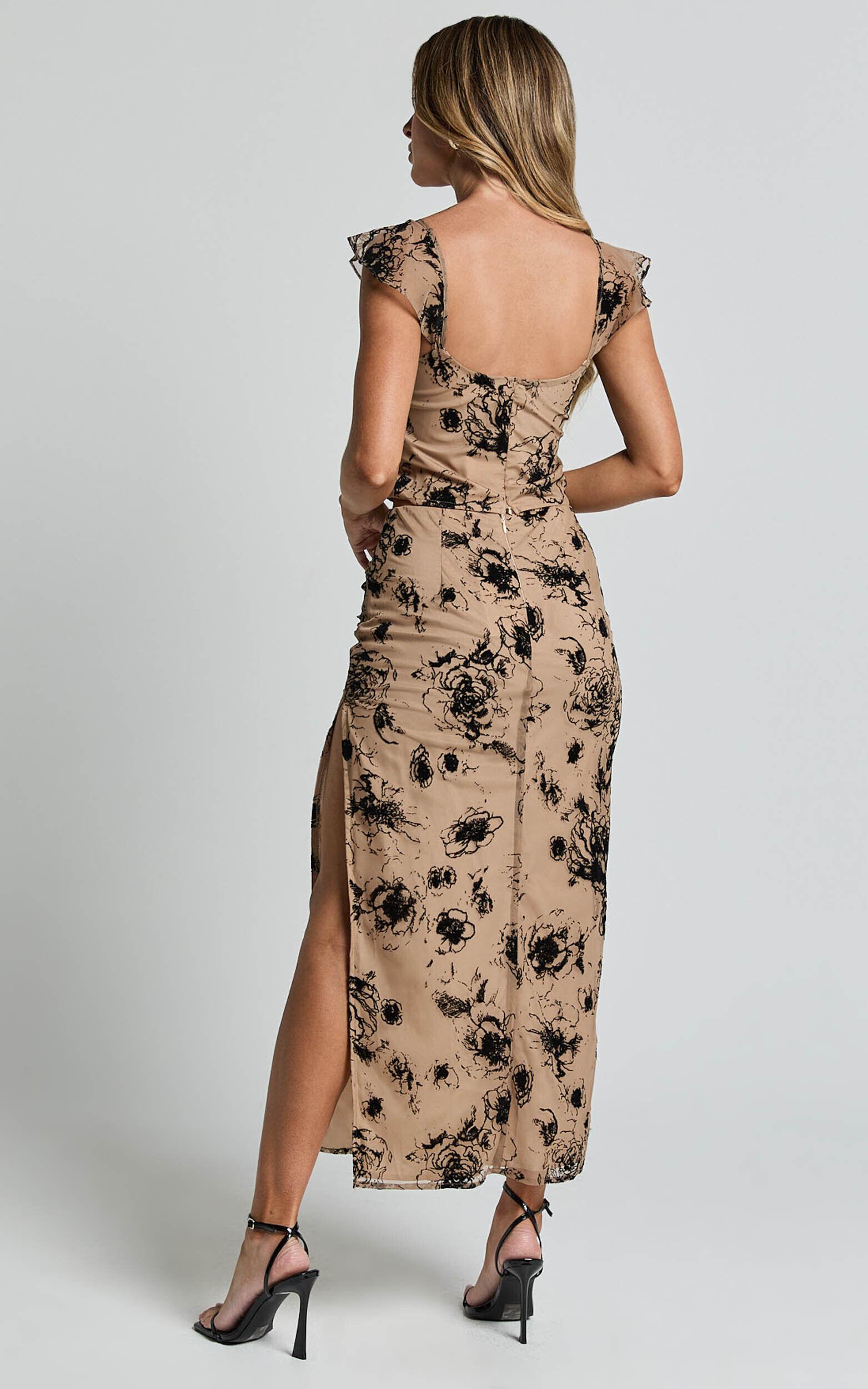 Athena Midi Skirt - Floral Mesh High Waist Skirt in Brown and Black Burnout Product Image