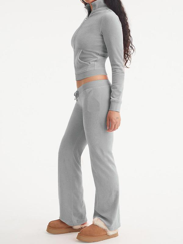 Solid Collar Neck Jacket & Lace Up Pants Set Product Image