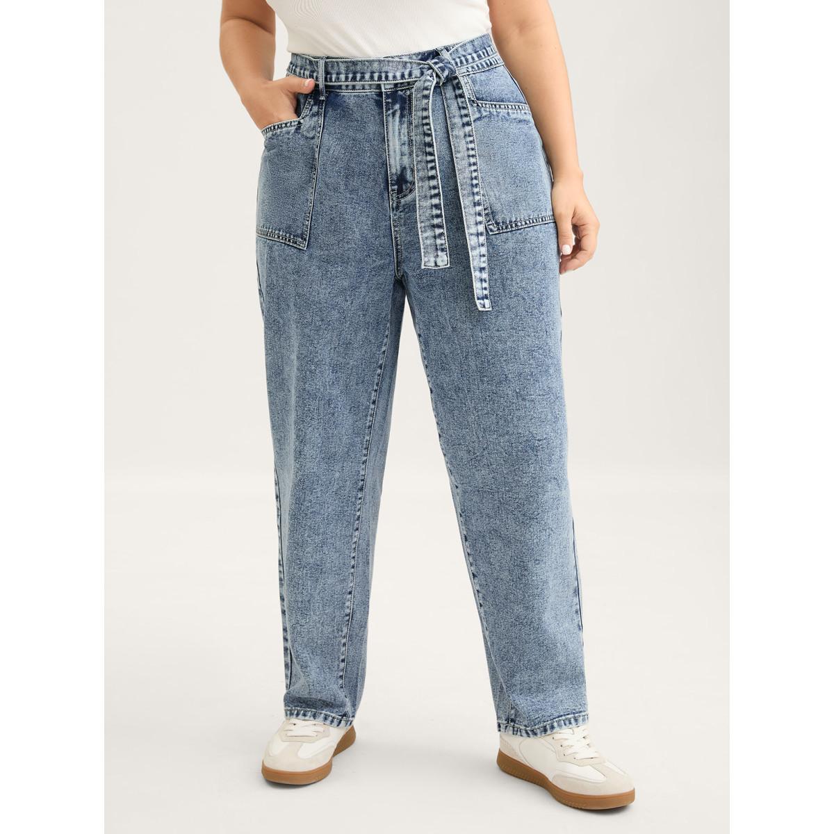 Plus Size Waist Belted Pockets Boyfriend Jeans Women Midblue Leisure Low stretch Slanted pocket Jeans BloomChic 30/6X Product Image