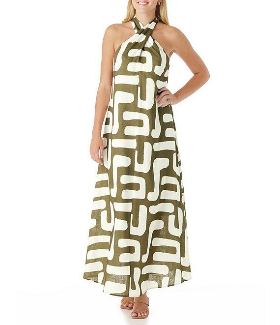 CROSBY by Mollie Burch Cleo Abstract Print Tie Halter Linen Blend Maxi Dress Product Image