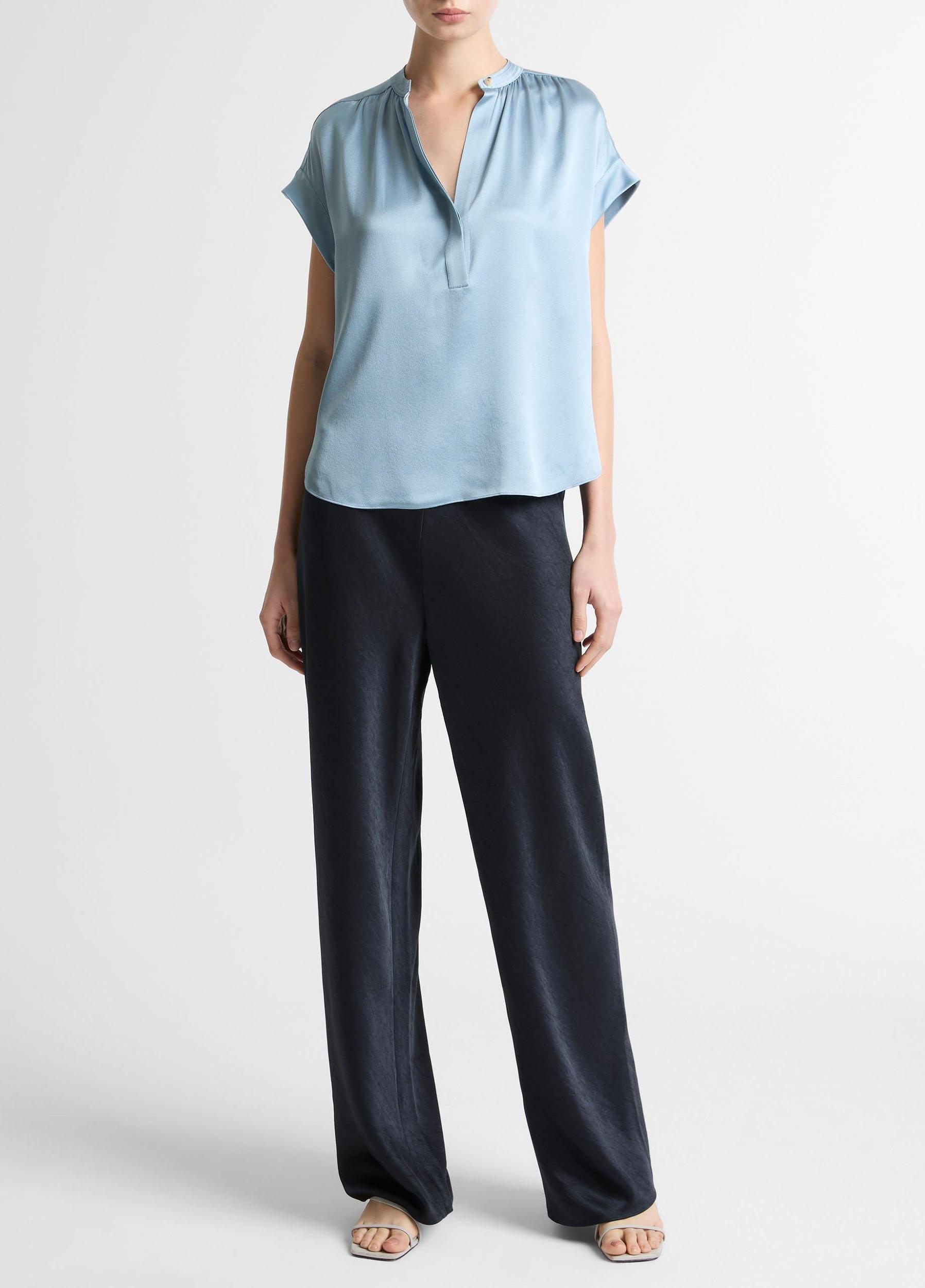 Silk Gathered Cap-Sleeve Blouse Product Image