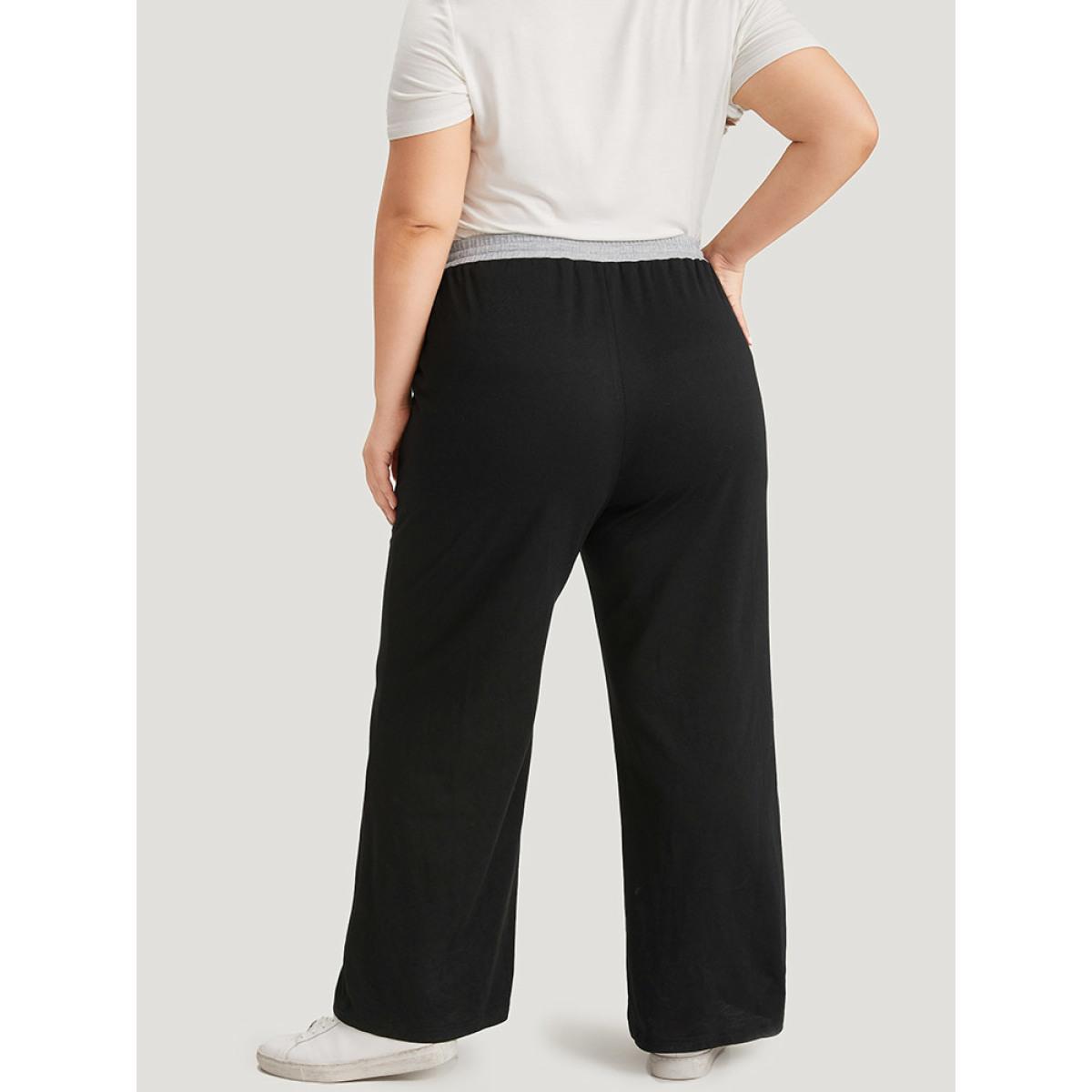 Plus Size Contrast Patchwork Drawstring Straight Leg Pants Women Black Casual High Rise Dailywear Pants BloomChic 10/M Product Image