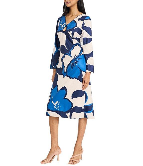 Donna Morgan Twill Floral Placement V-Neck Long Sleeve Front Keyhole Caftan Dress Product Image