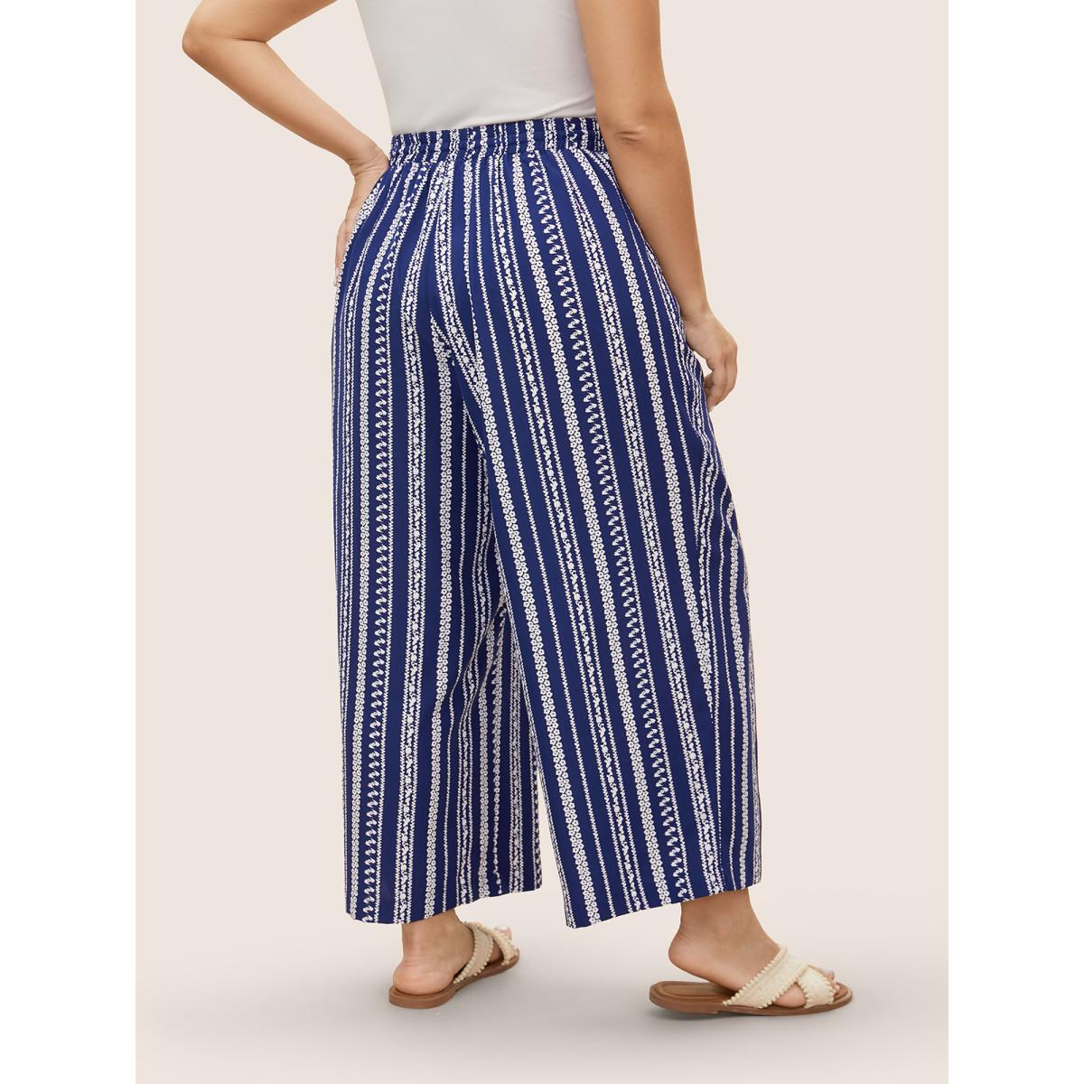 Plus Size Bandana Striped Tassel Drawstring Wide Leg Pants Women DarkBlue Resort Wide Leg Mid Rise Vacation Pants BloomChic 22-24/3X Product Image