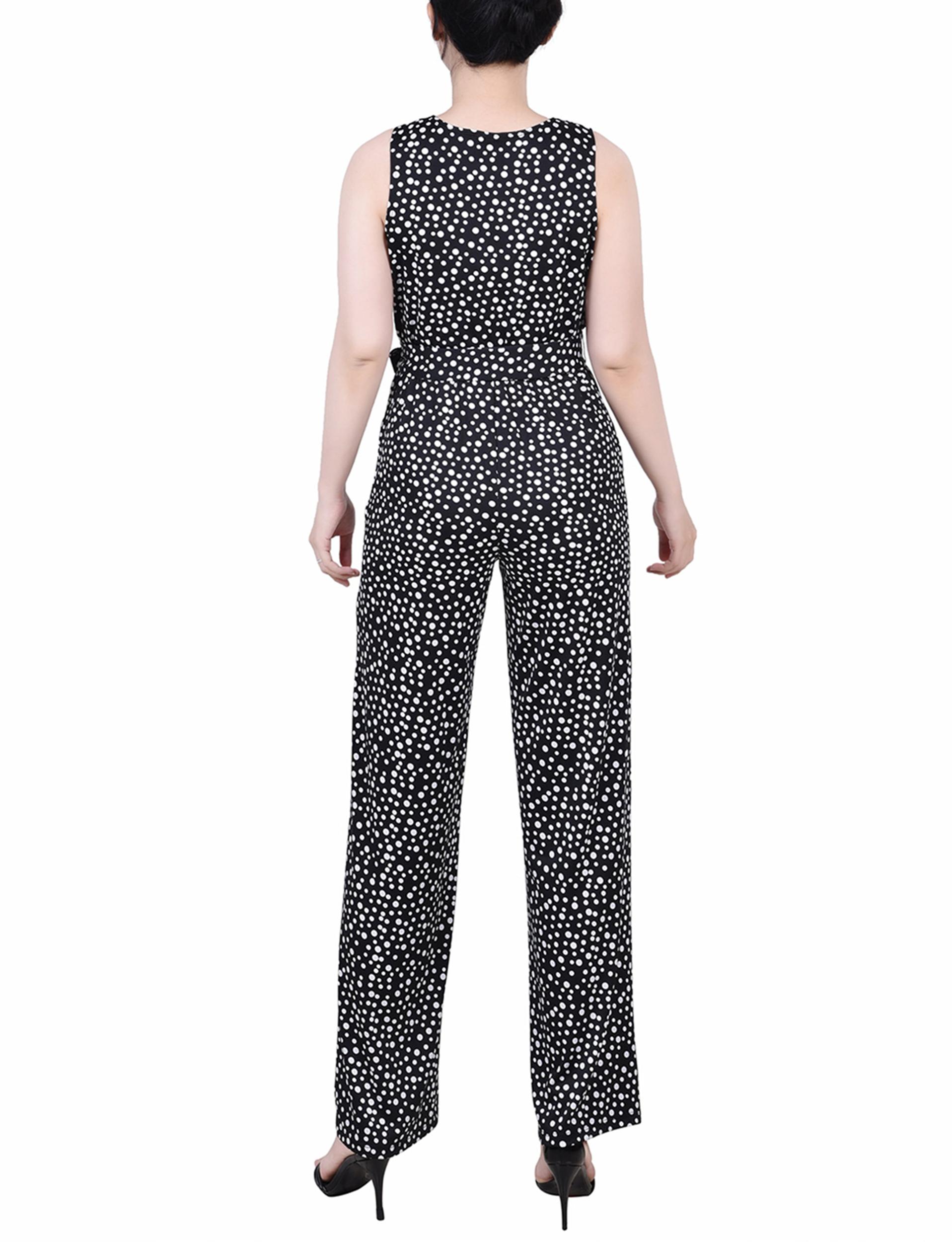 Black Polka Dot Sleeveless Belted Jumpsuit - Petite Product Image