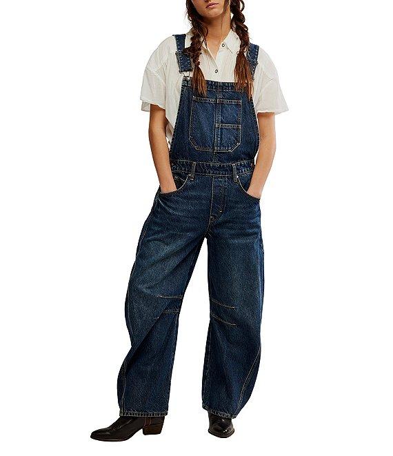 Free People We The Free Good Luck Denim Square Neck Barrel Leg Overalls Product Image
