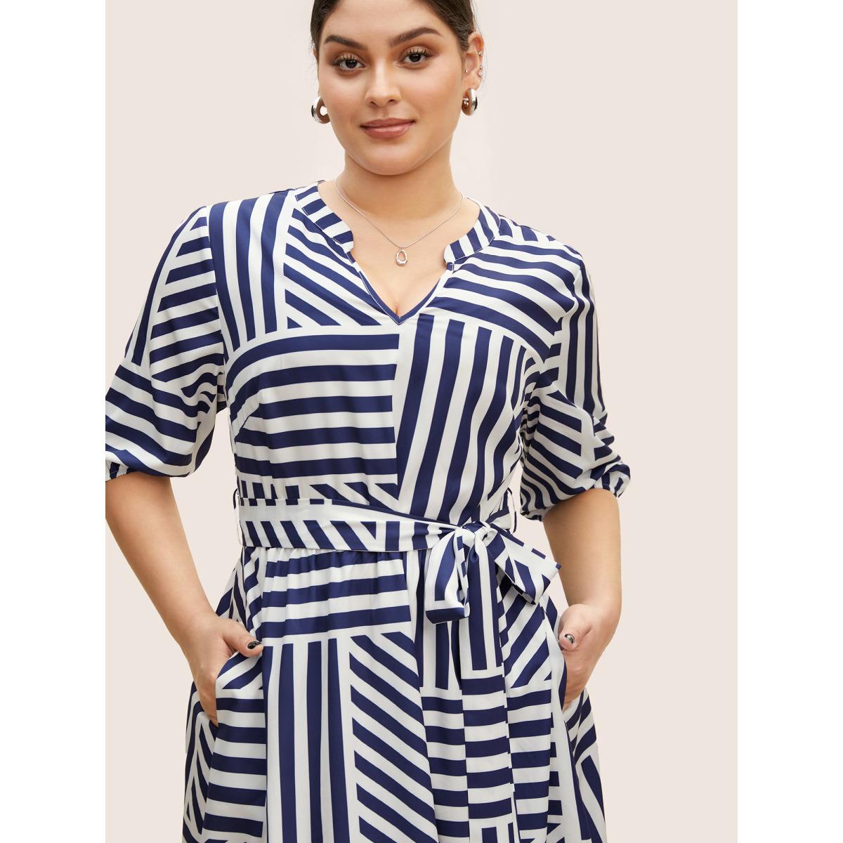 Plus Size Striped Notched Collar Belted Midi Dress DarkBlue Women At the Office Belted Notched collar Half Sleeve Curvy BloomChic 28/5X Product Image