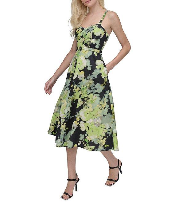 DKNY by Donna Karan Cotton Poplin Floral Sweetheart Neck Sleeveless Belted A-Line Midi Dress Product Image