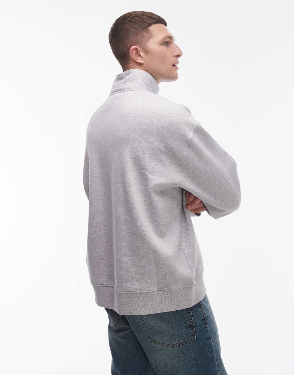 Topman premium heavyweight oversized 1/4 zip sweatshirt in gray heather Product Image