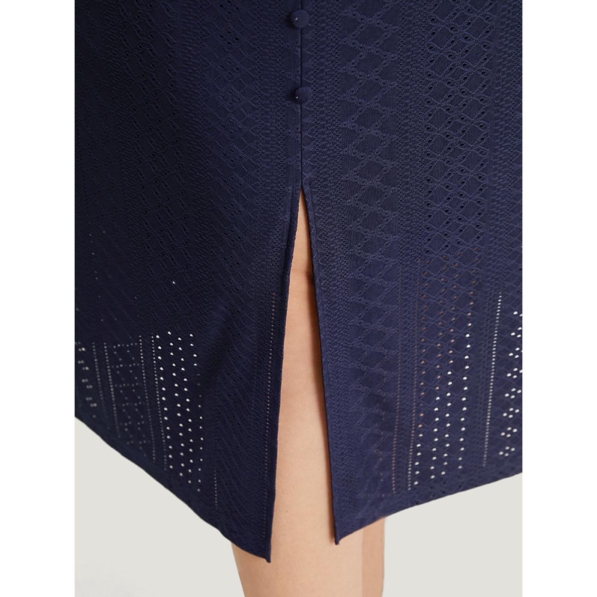 Plus Size Plain Elastic Waist Split Front Cropped Skirt Women Indigo Office Texture Low stretch Pocket Office Skirts BloomChic 12/L Product Image