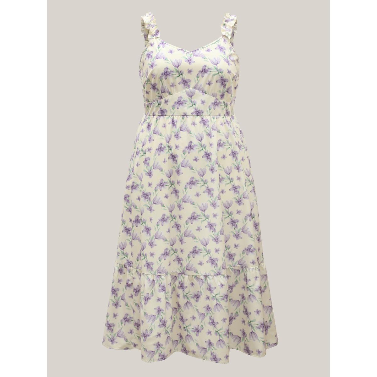 Plus Size Vine Floral Pockets Stretchy Waist Midi Dress Lightyellow Women Elegant Gathered V-neck Sleeveless Curvy BloomChic 12/L Product Image