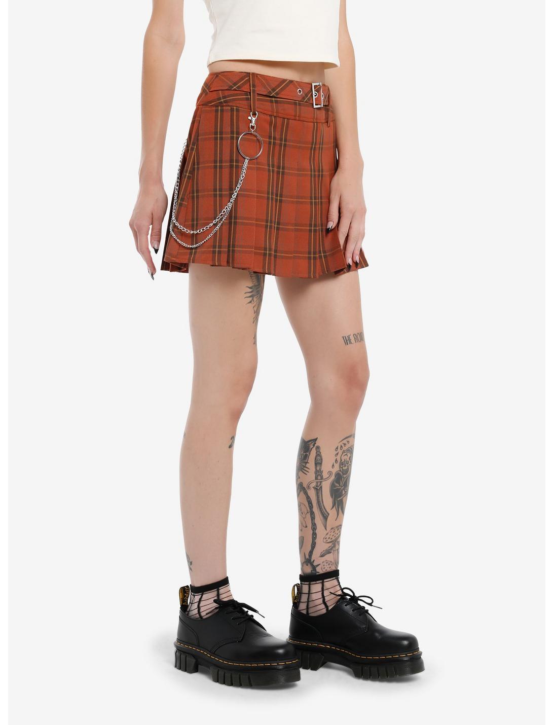 Thorn & Fable Orange Plaid Side Chain Belted Skirt Product Image