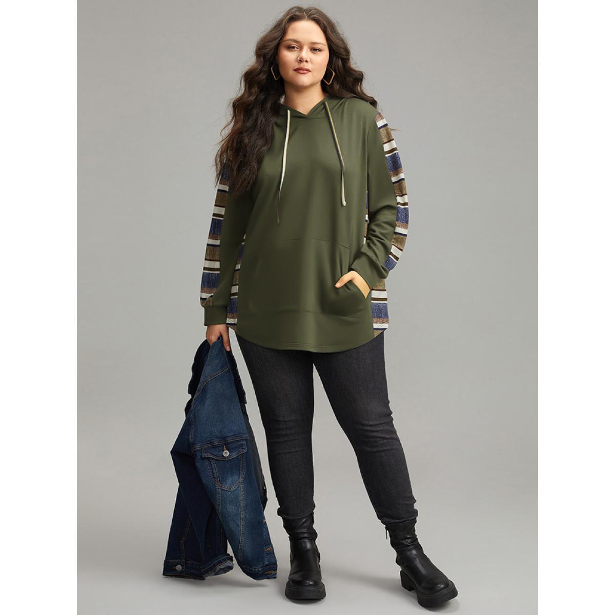 Plus Size Contrast Striped Hooded Ties Pocket Sweatshirt Women DimGray Casual Contrast Hooded Dailywear Sweatshirts BloomChic 12/L Product Image