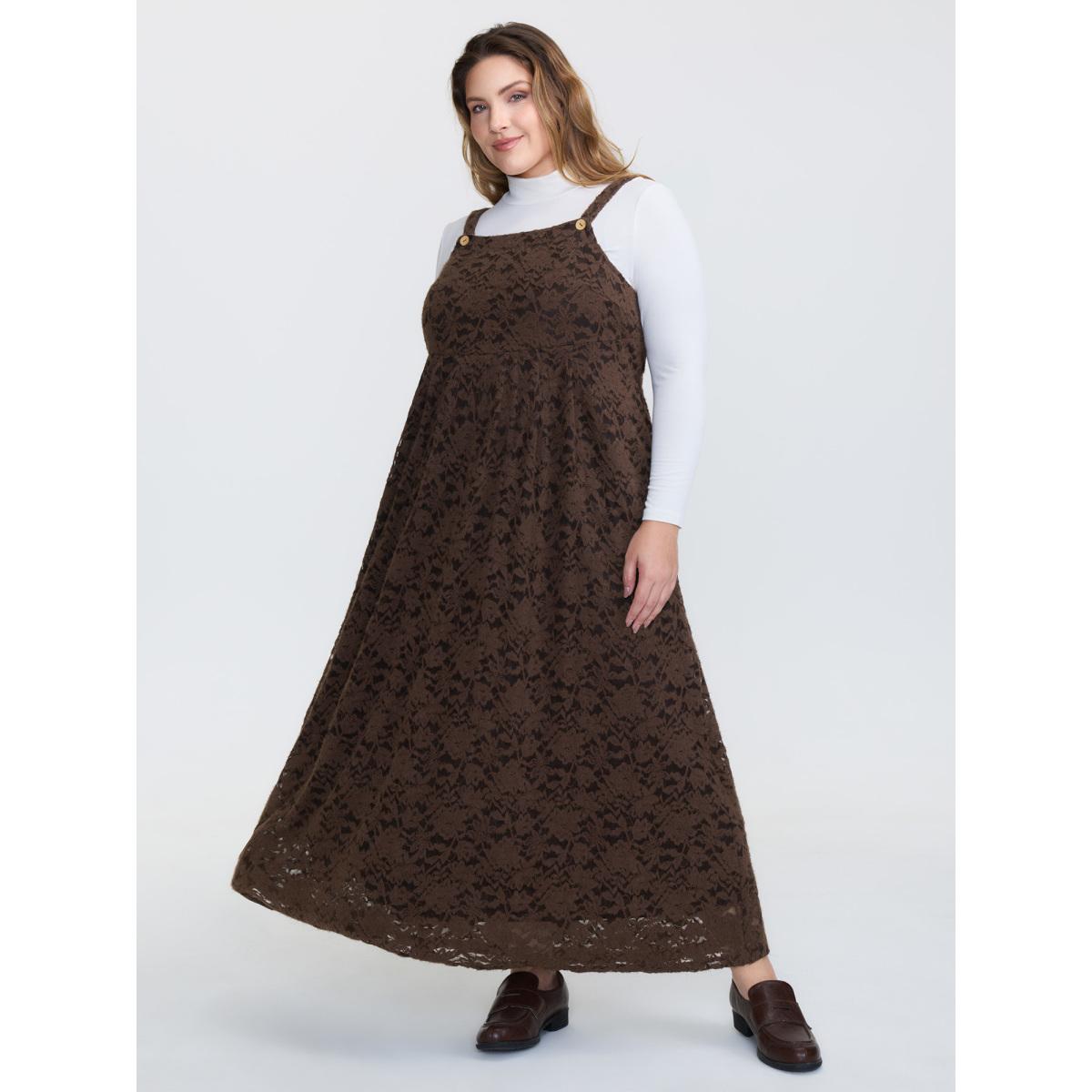 Plus Size Lace Textured Adjustable Straps Maxi Dress DarkBrown Women Leisure Texture Non Sleeveless Curvy BloomChic 18-20/2X Product Image