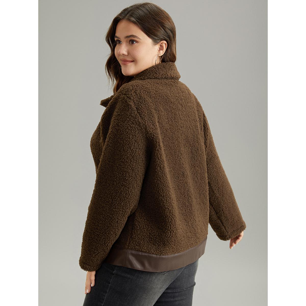 Plus Size PU Leather Patchwork Metal Detail Teddy Jacket Women DarkBrown Patchwork Dailywear Jackets BloomChic 14-16/1X Product Image