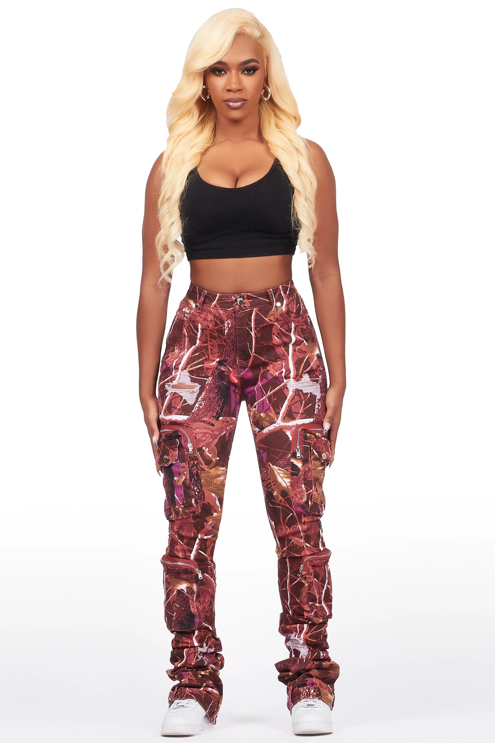 Alisson Burgundy Tree Camo Cargo Super Stacked Jean Female Product Image