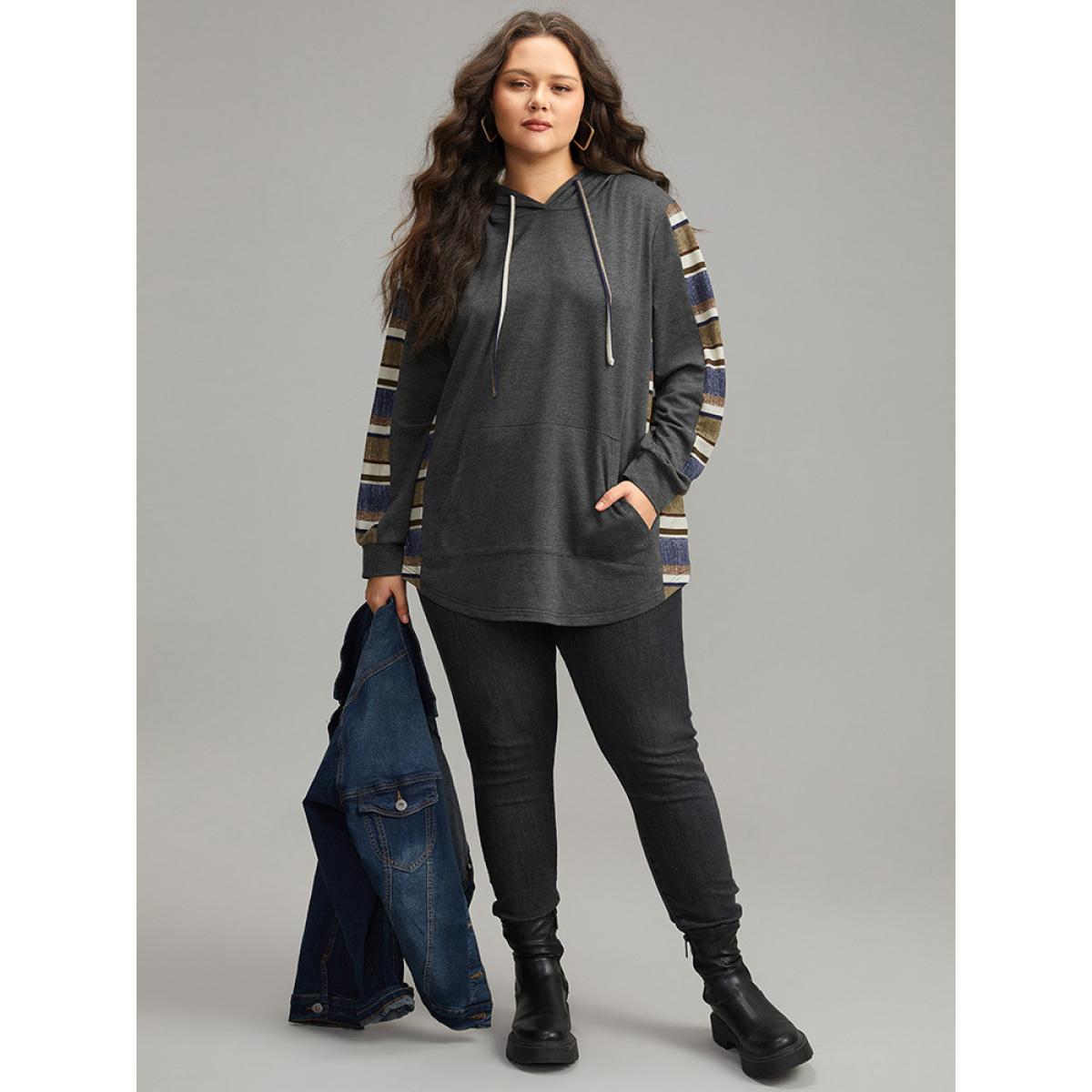 Plus Size Contrast Striped Hooded Ties Pocket Sweatshirt Women DimGray Casual Contrast Hooded Dailywear Sweatshirts BloomChic 12/L Product Image
