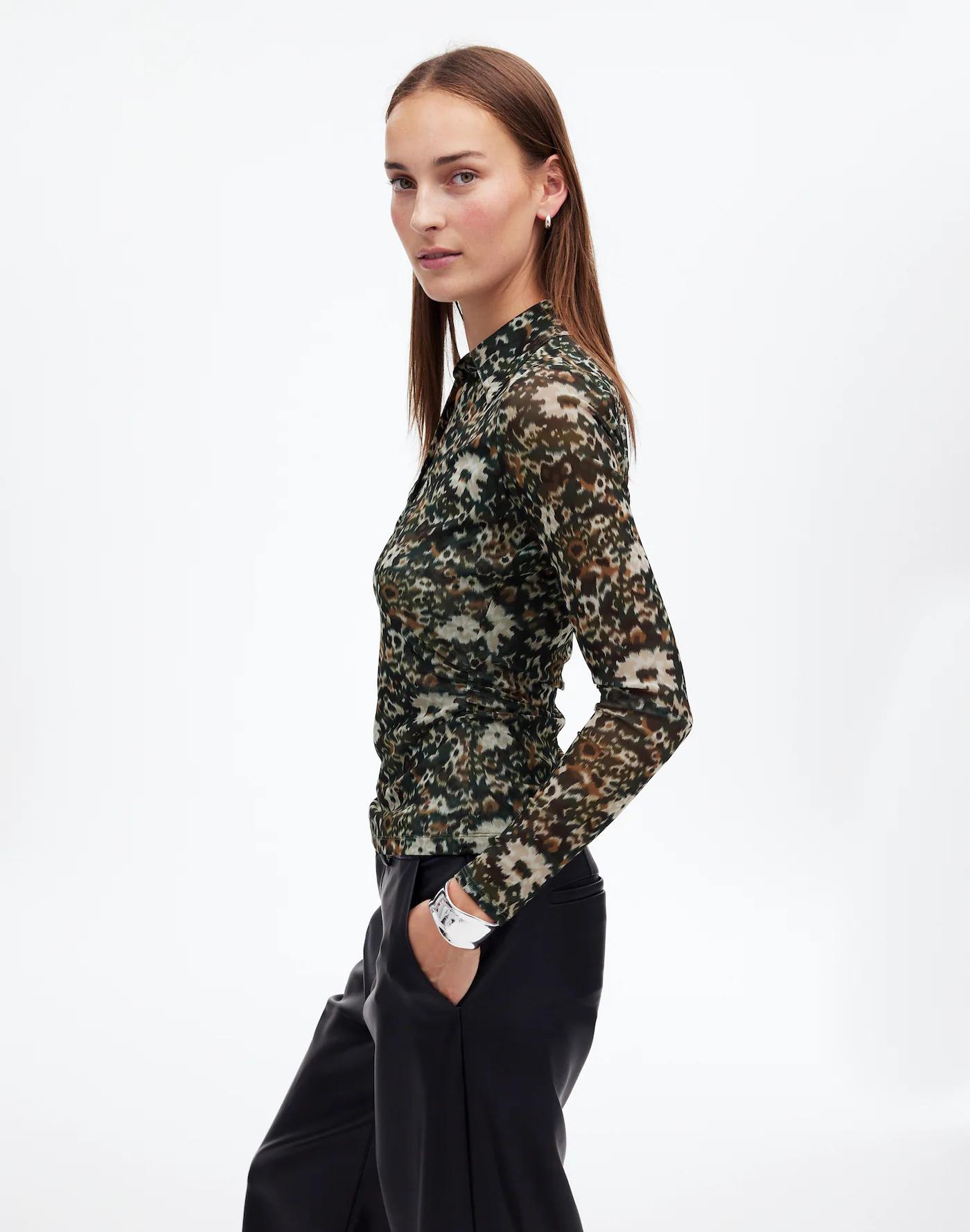 Long-Sleeve Polo Top in Floral Mesh Product Image