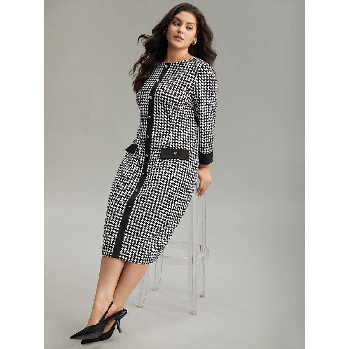 Plus Size :Houndstooth Pocket Button Detail Dress Black Women Office Contrast Round Neck Long Sleeve Curvy Midi Dress BloomChic 30/6X Product Image