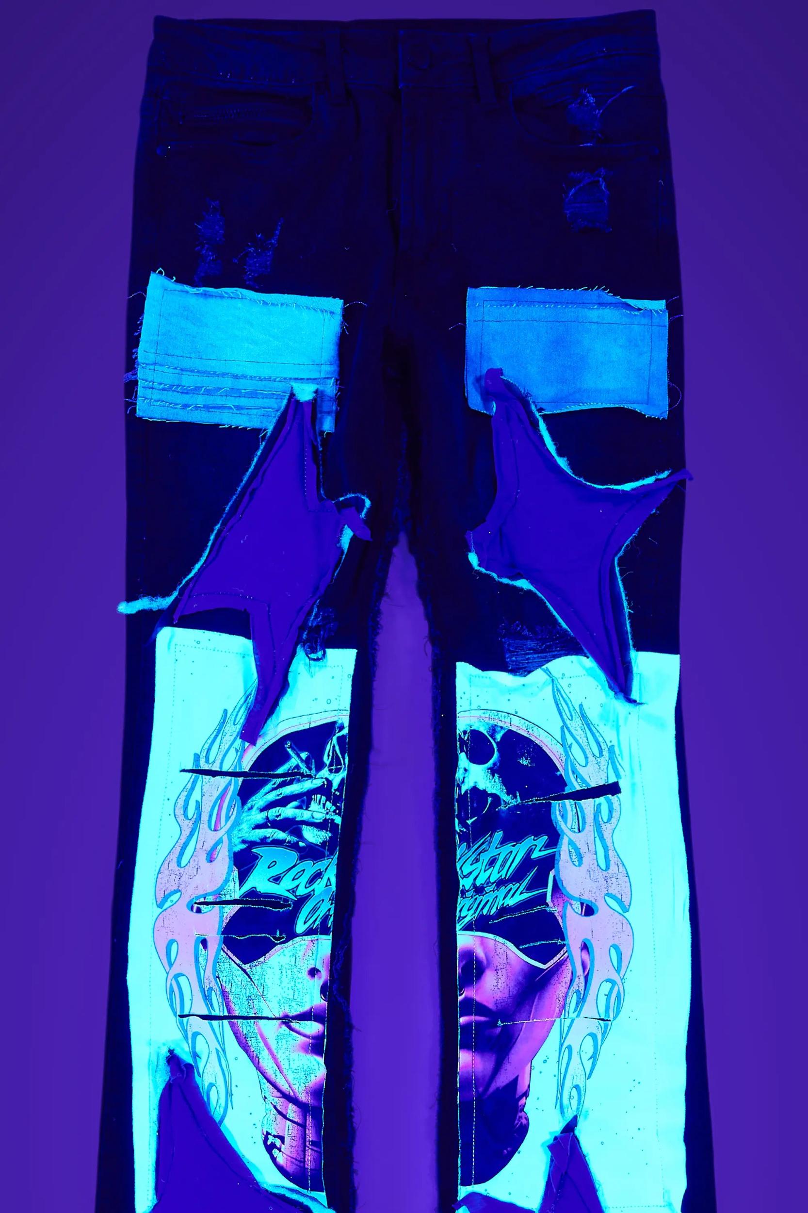 Helios Dark Grey Patchwork Stacked Flare Jean Male Product Image