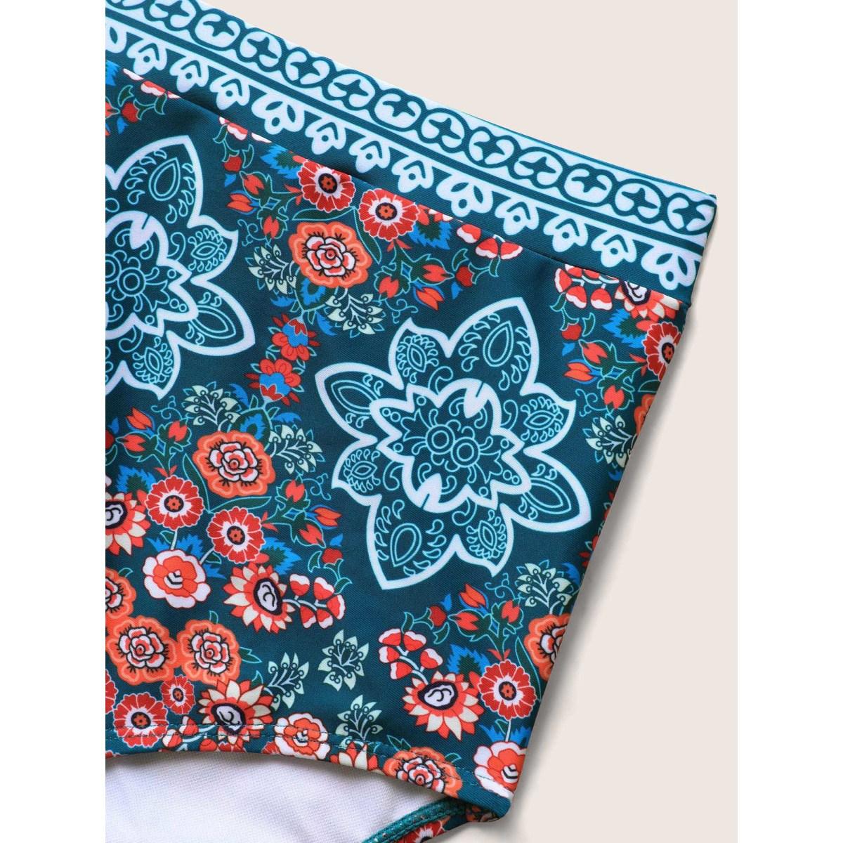 Plus Size Boho Print Surplice Neck Adjustable Swim Dress Women's Swimwear Cyan Beach Bodycon Overlap Collar High stretch Curve Swim Dresses BloomChic 28/5X Product Image