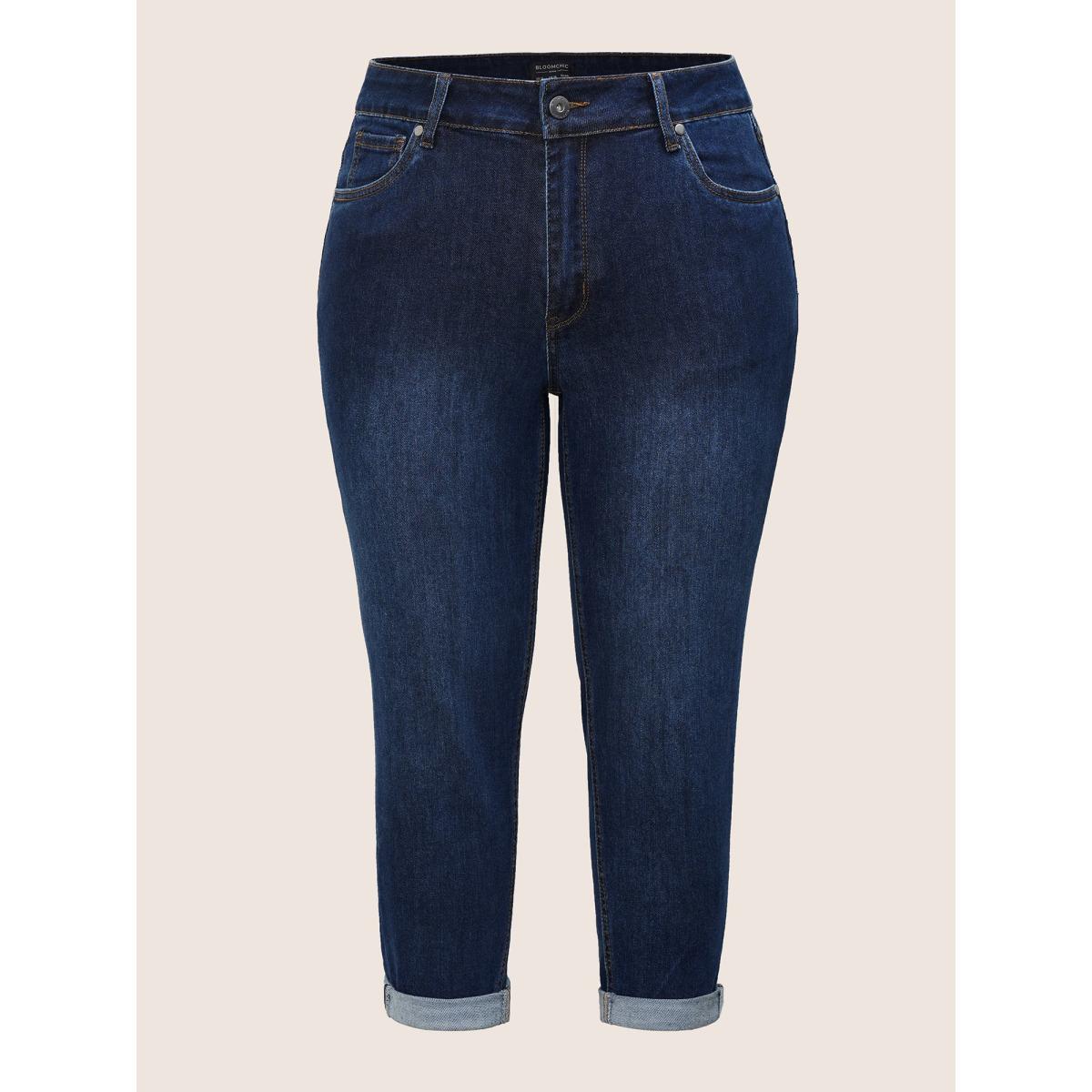 Plus Size Very Stretchy High Rise Dark Wash Cropped Jeans Women DarkBlue Leisure Plain High stretch Slanted pocket Jeans BloomChic 10/M Product Image