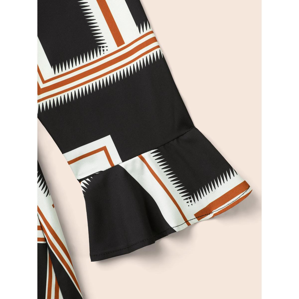 Plus Size Notched Collar Geometric Contrast Belted Dress Indigo Women At the Office Belted Notched collar Long Sleeve Curvy BloomChic 28/5X Product Image