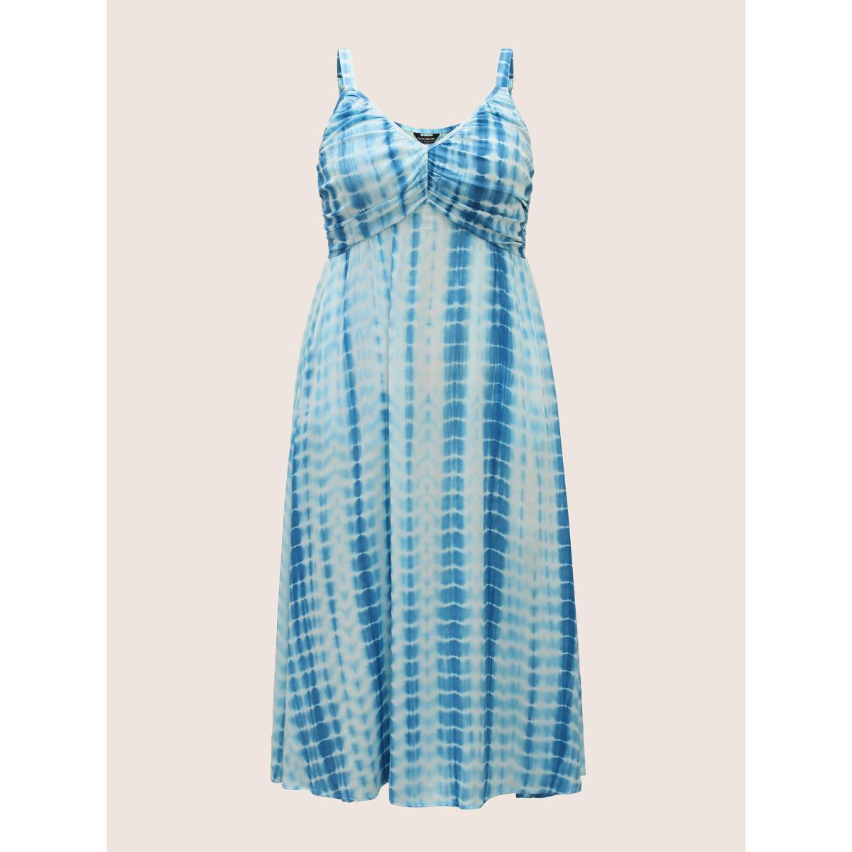 Plus Size Tie Dye Split Hem Maxi Cami Dress Skyblue Women Resort Gathered V-neck Sleeveless Curvy BloomChic 12/L Product Image