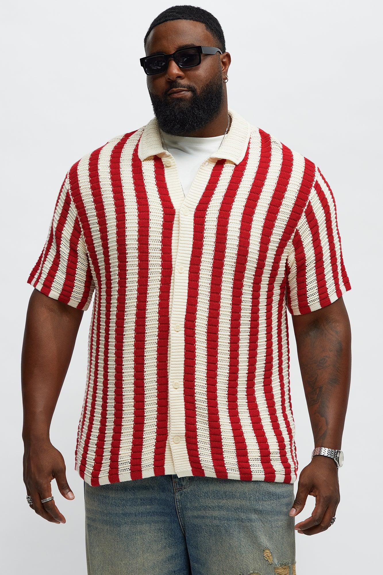 Clark Striped Knit Button up Shirt - Red/combo Product Image