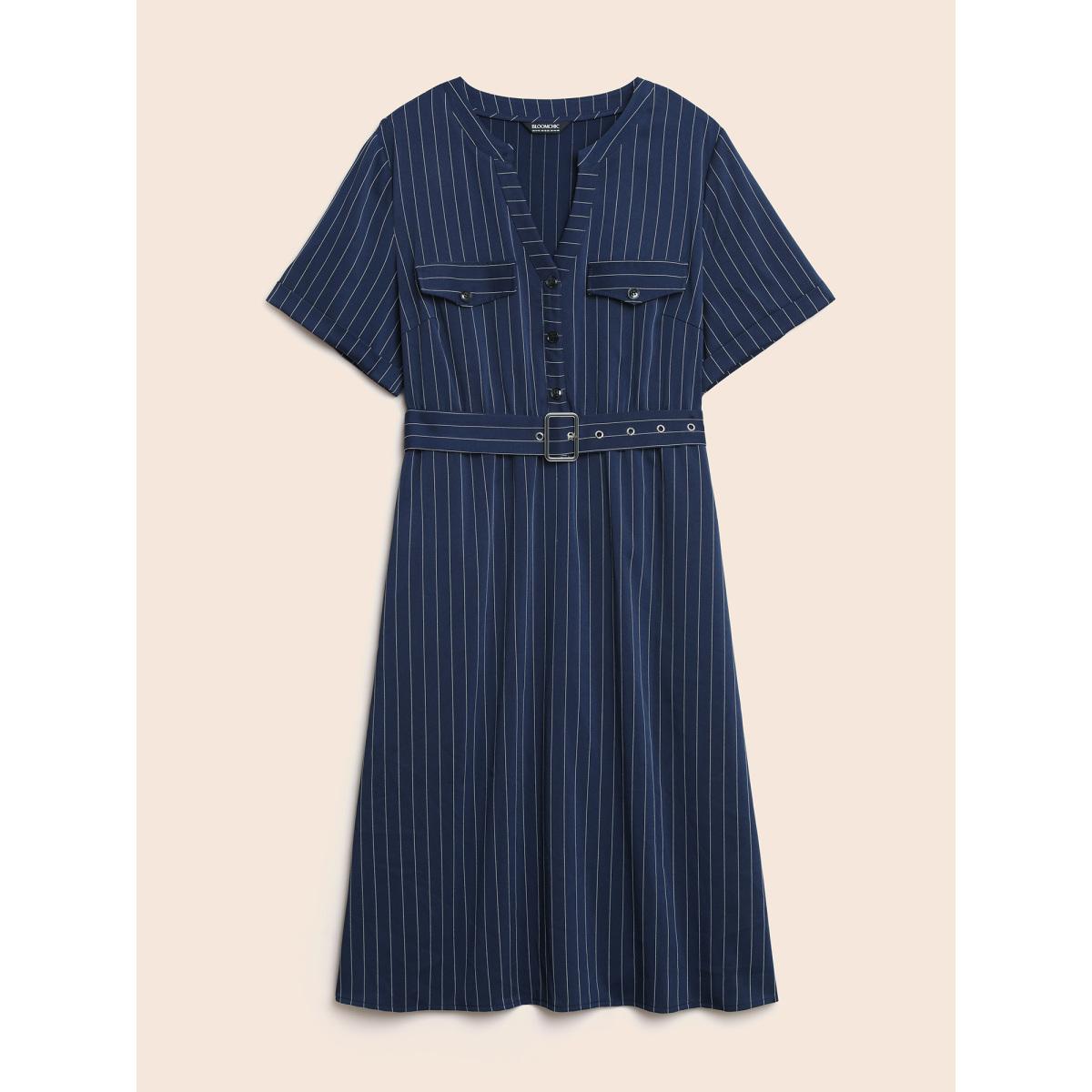 Plus Size Striped Notched Button Detail Belted Dress Navy Women At the Office Belted Flat collar with V-notch Short sleeve Curvy BloomChic 14-16/1X Product Image