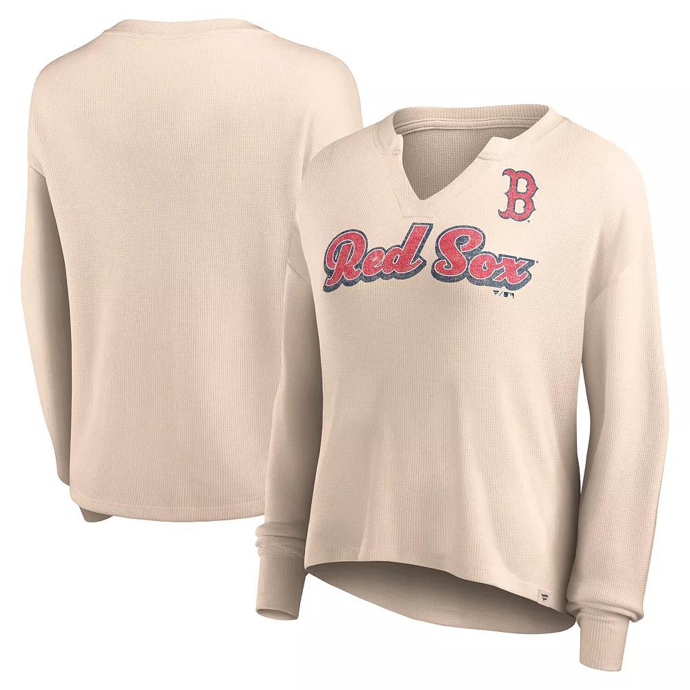 Women's Fanatics Branded Cream Boston Red Sox Go For It Waffle Knit Long Sleeve Notch Neck T-Shirt, Size: Medium, Beige Product Image