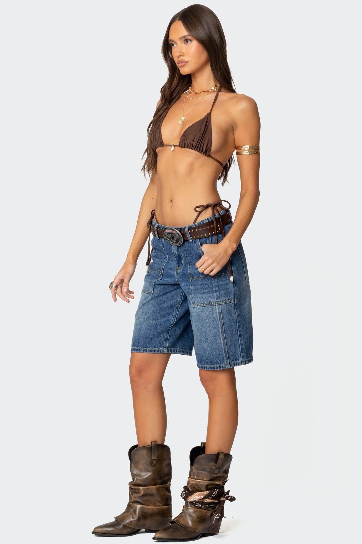 Tris Low Rise Denim Bermuda Shorts Product Image