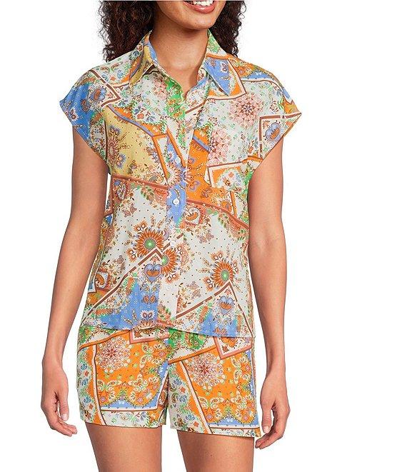 Current Air Coordinating Patchwork High Waisted Linen Blend Pull-On Shorts Product Image