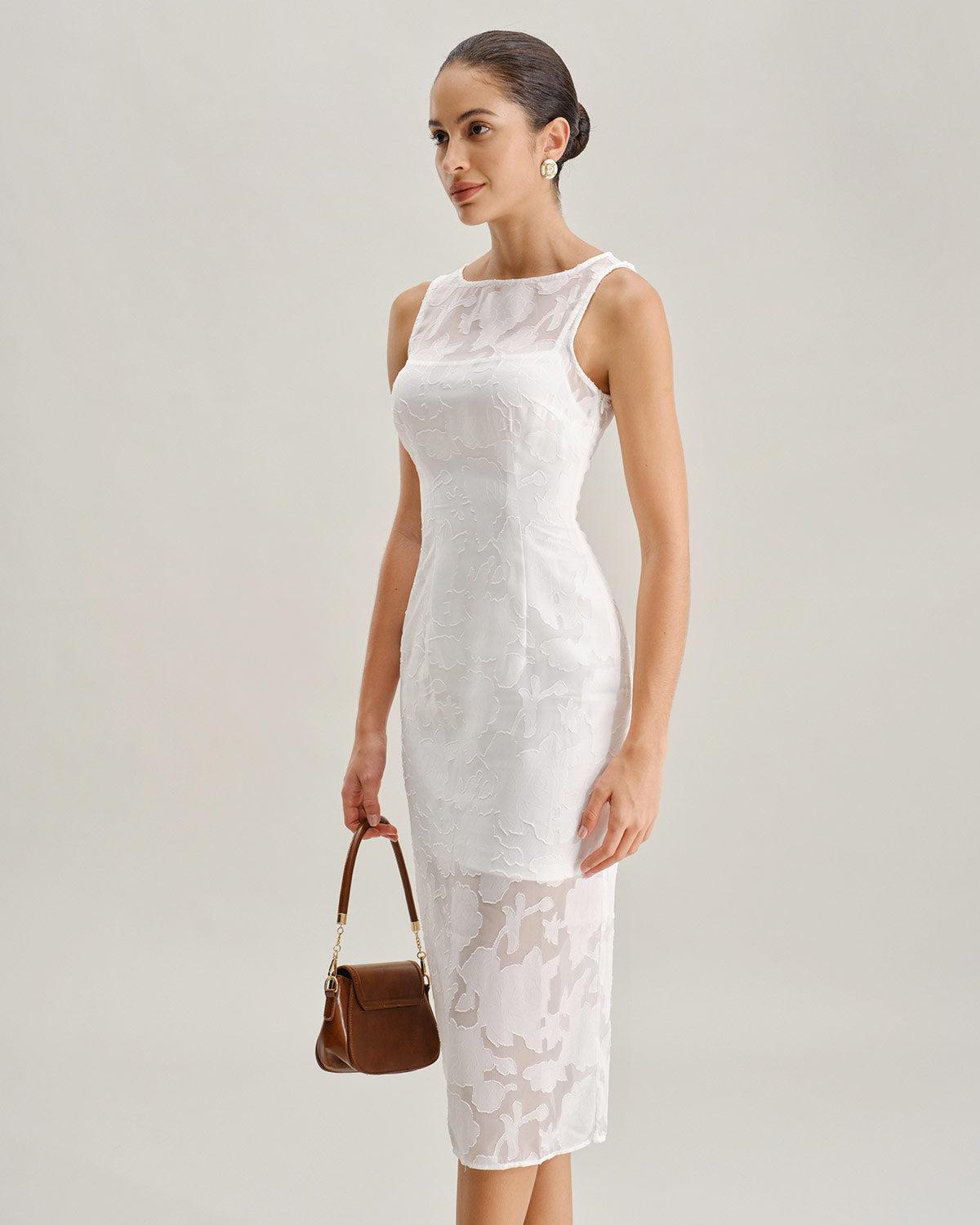 White Lace Boat Neck Midi Dress Product Image