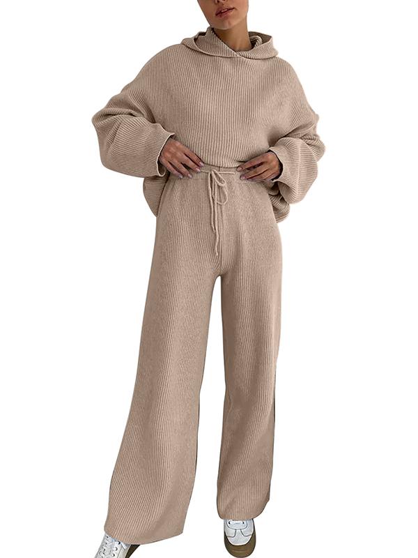 Loose Solid Color Round-Neck Hooded Long Sleeves Sweater Top + Drawstring Pants Bottom Two Pieces Set Product Image