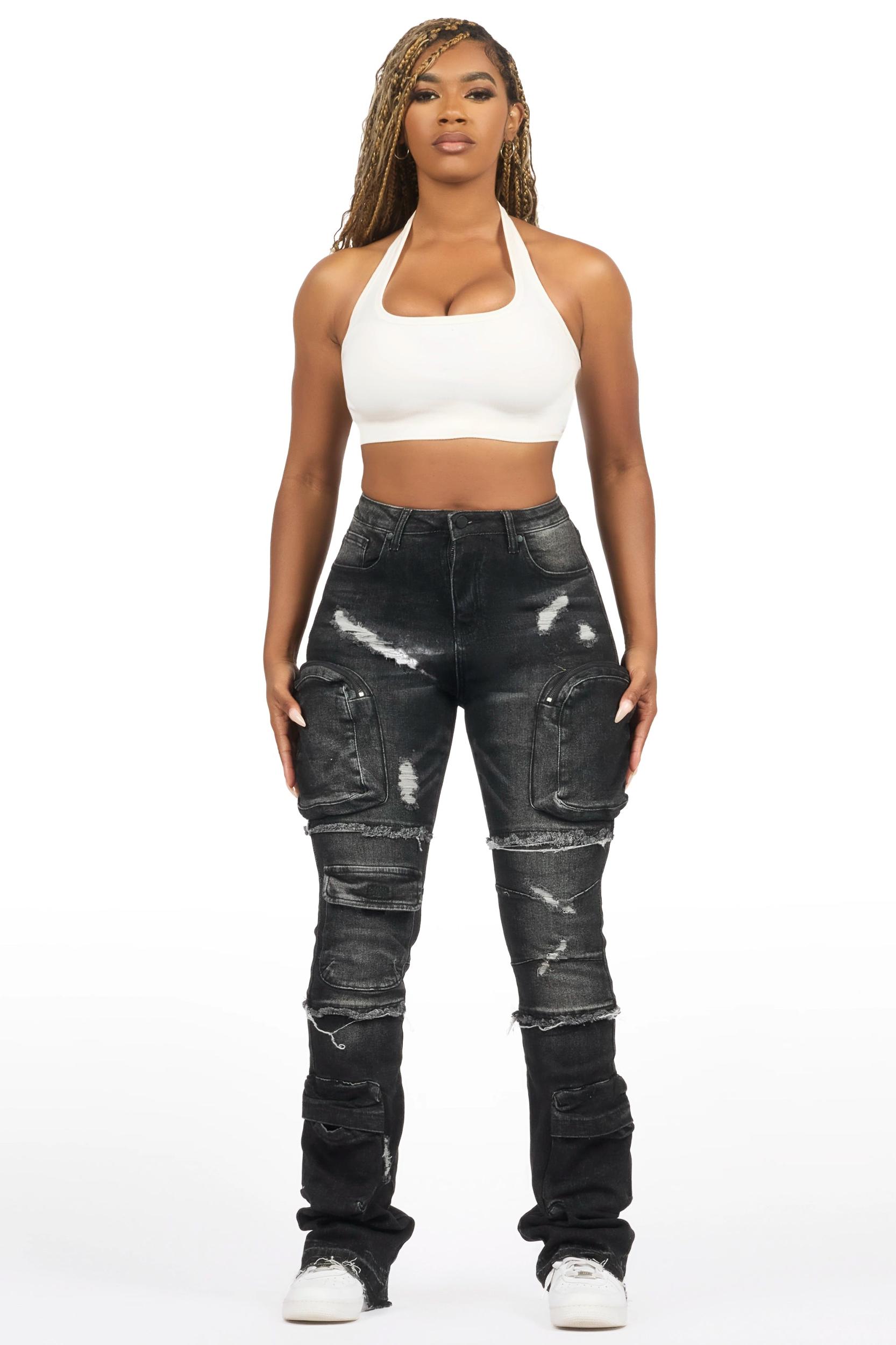 Toniesha Dark Grey Wash Stacked Flare Jean Female Product Image