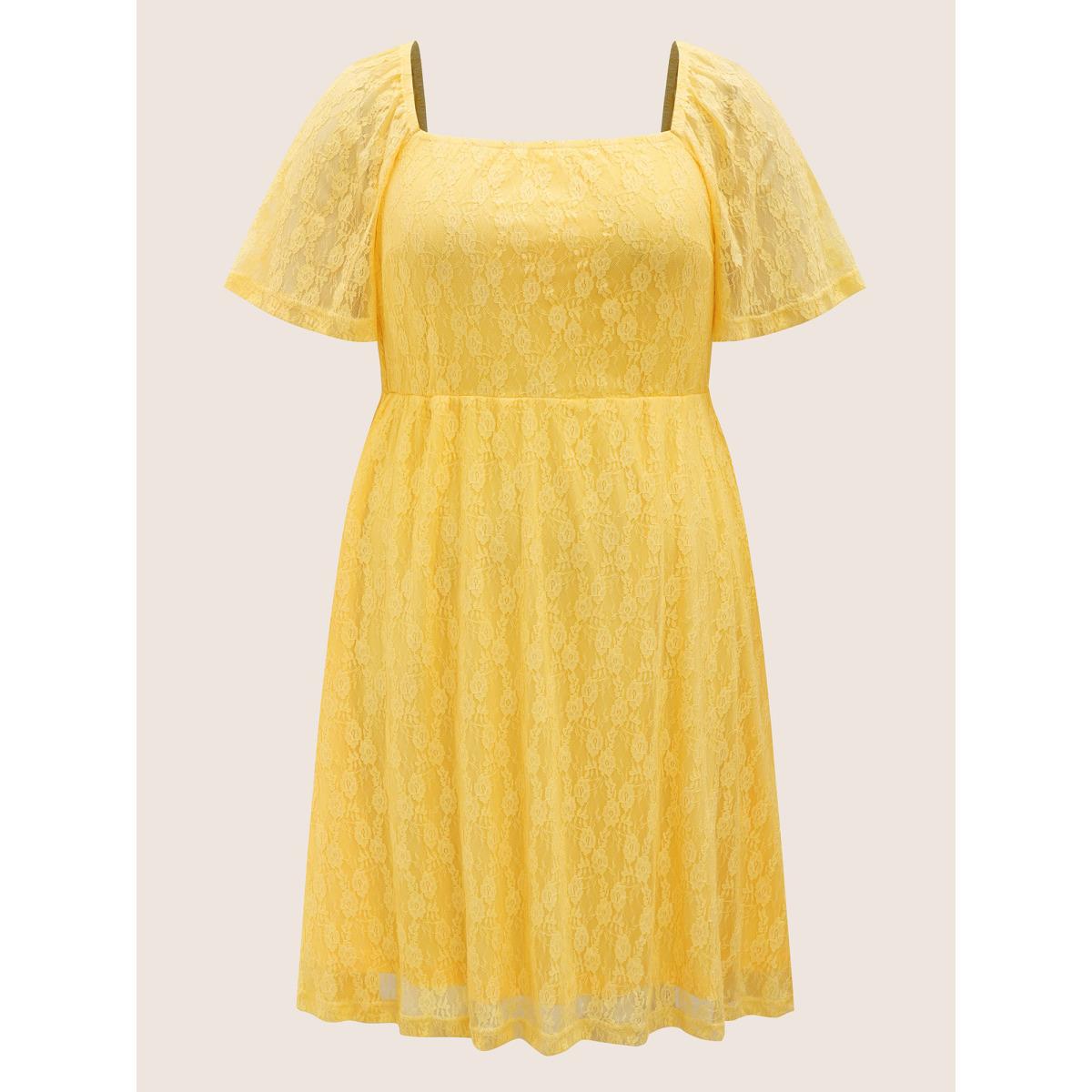 Plus Size Crochet Lace Mesh Ruffle Sleeve Dress Yellow Women Elegant Woven ribbon&lace trim Square Neck Short sleeve Curvy BloomChic 26/4X Product Image