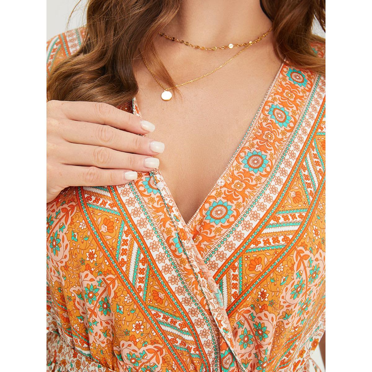 Plus Size Bandana Print Belted Pocket Flutter Surplice Neck Knee Dress Orange Women Vacation Pocket V-neck Short sleeve Curvy Knee Dress BloomChic 14-16/1X Product Image