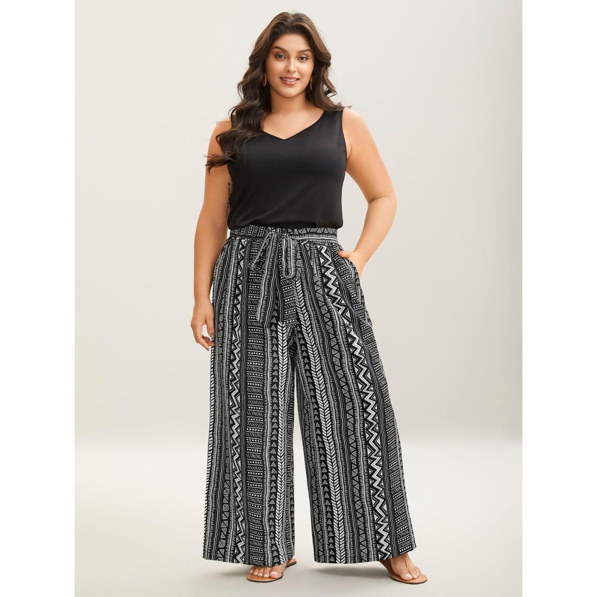 Plus Size Waist-Tie Wide-Leg Boho Print Pants Women Black Casual Wide Leg Mid Rise Everyday-Casual Pants BloomChic 28/5X Product Image