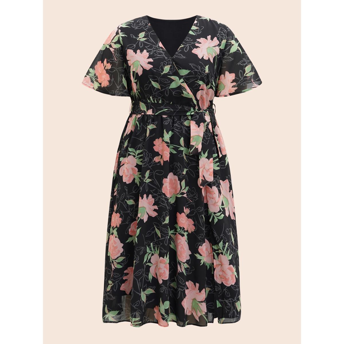 Plus Size Overlap Collar Floral Split Hem Dress Multicolor Women Elegant See through Overlap Collar Short sleeve Curvy BloomChic 18-20/2X Product Image