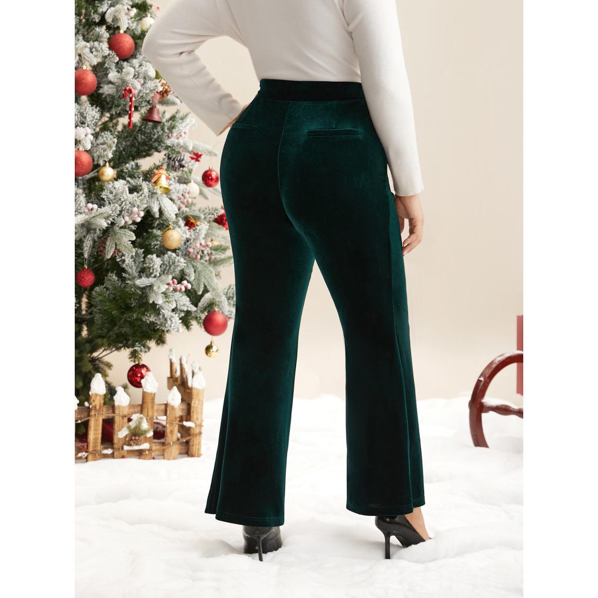 Plus Size Velvet Mid Rise Flared Pants Women DarkGreen Elegant Bootcut Mid Rise Everyday Pants BloomChic 22-24/3X Product Image