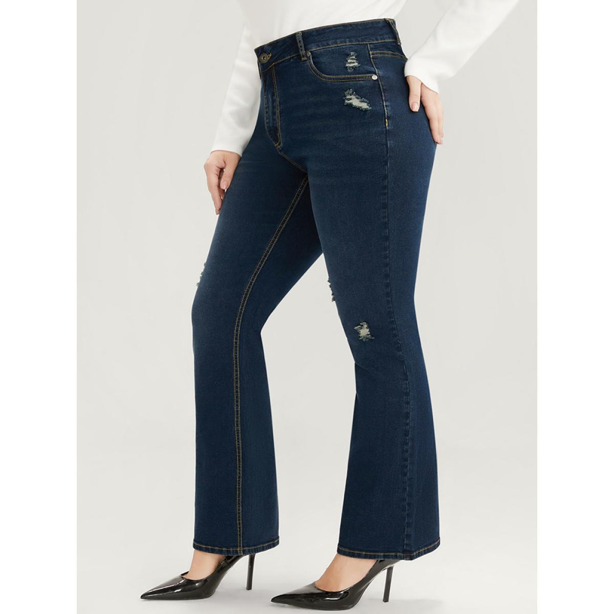 Plus Size Bootcut Slightly Stretchy High Rise Dark Wash Distressed Jeans Women DarkBlue Casual Plain Plain Low stretch Pocket Jeans BloomChic 26/4X Product Image