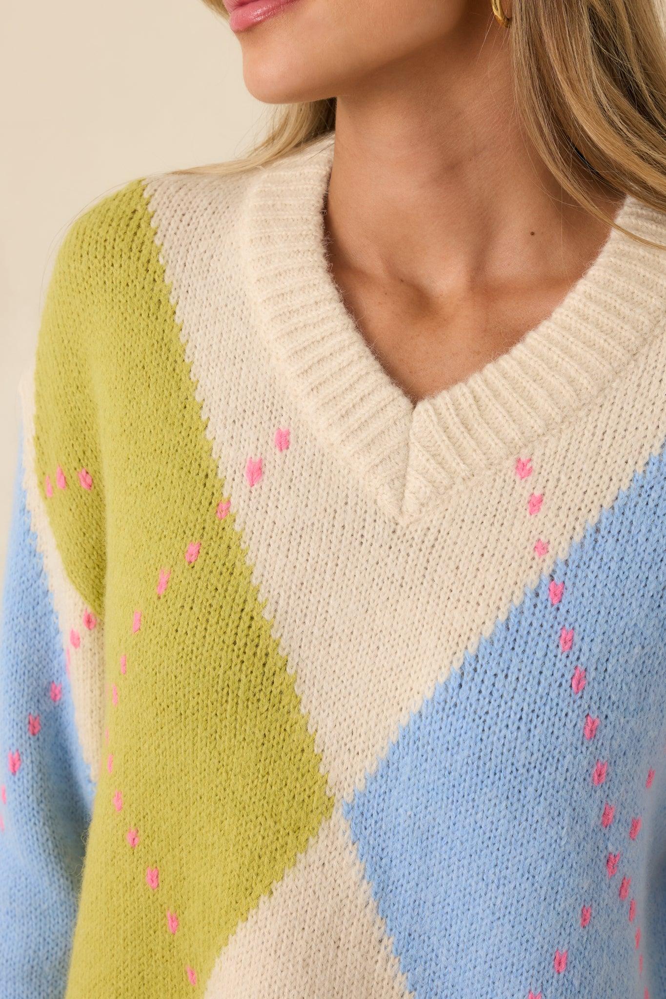 Can't Go Wrong Green & Blue Knit Argyle V-Neck Sweater Product Image