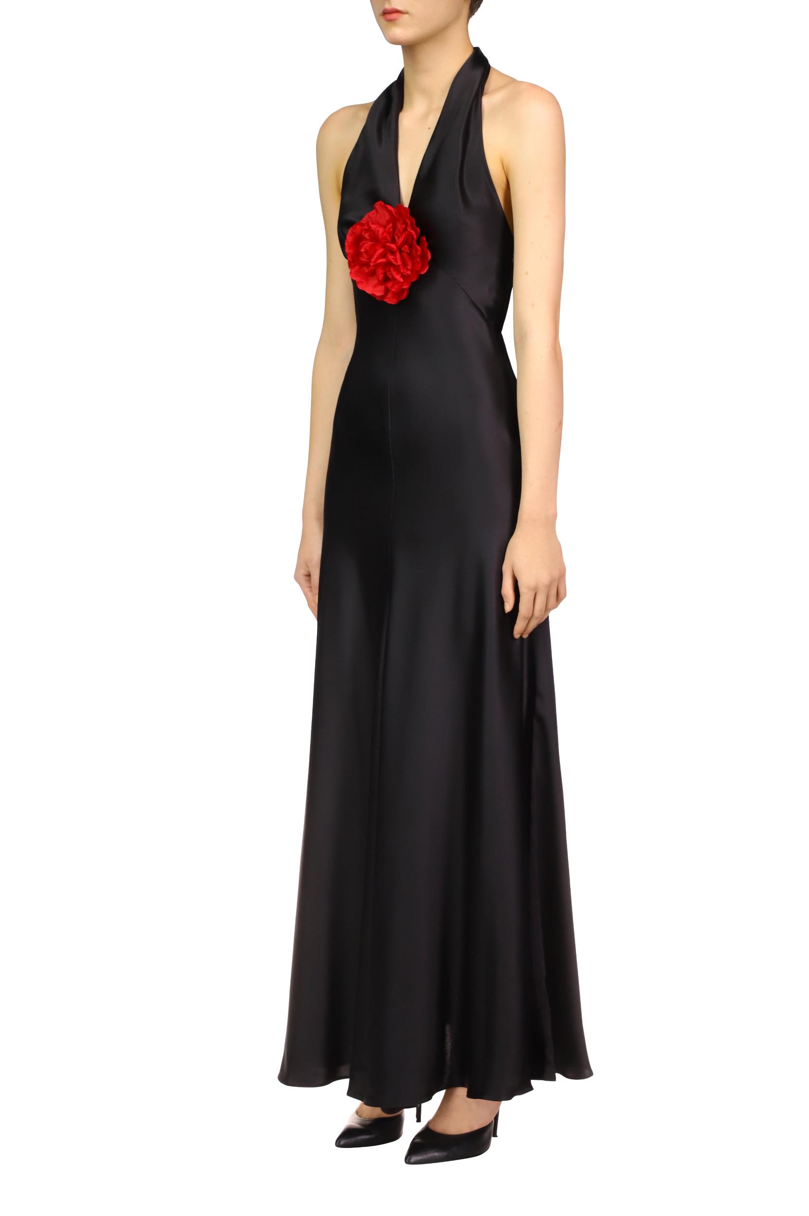 Black Silk Satin Halter Dress With Silk Flower Pin Product Image